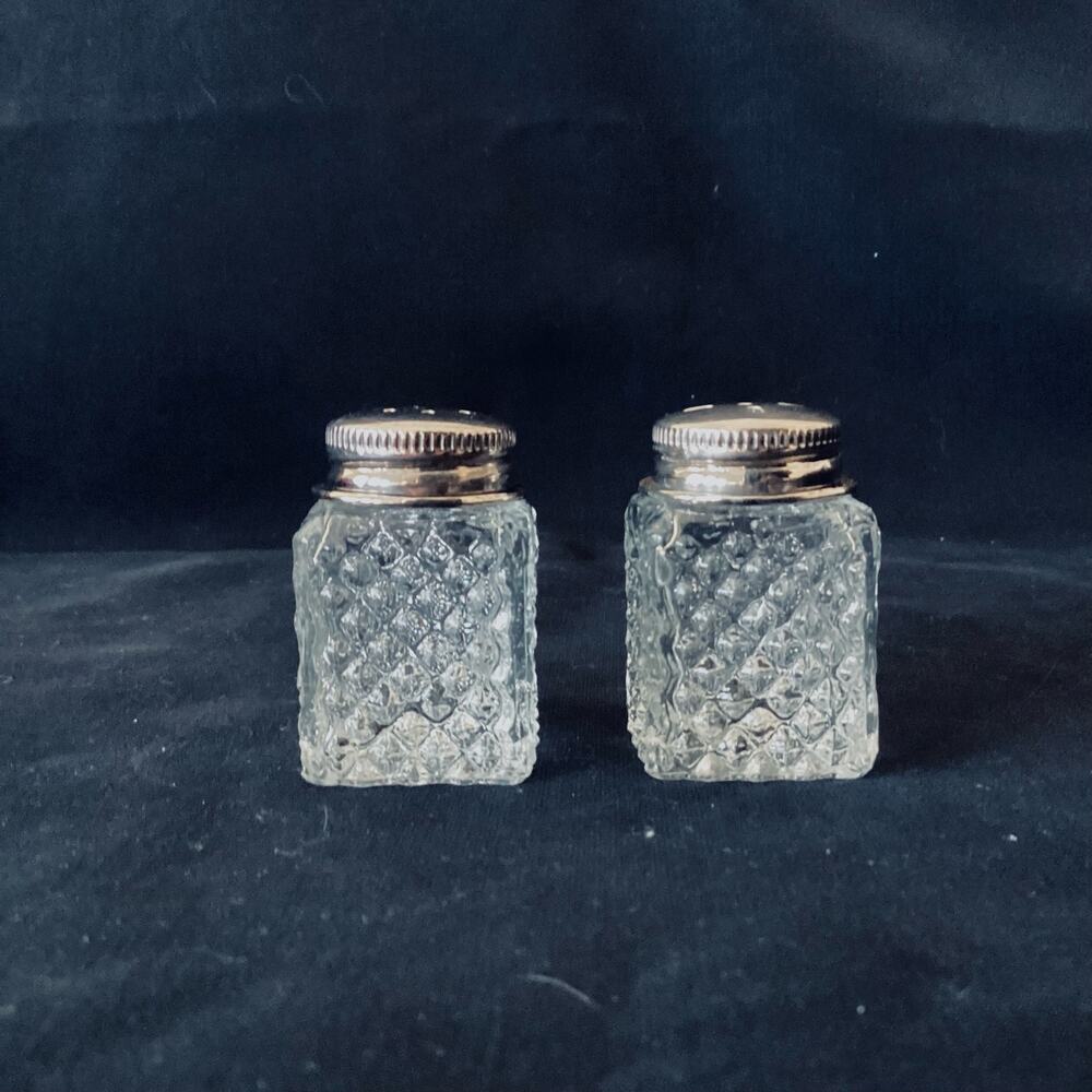 Vintage Crystal Glass Mini Square Salt Pepper Shakers